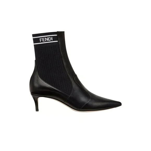 Fendi Rockoko Black Leather Boots Stretch FF Logo Sock Ankle Kitten Heel EU 40 - Picture 1 of 7
